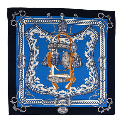 Hermes Cashmere Silk Bride De Cour Remix Shawl 140 Bleu Marine Cobalt Gold 1 of 3