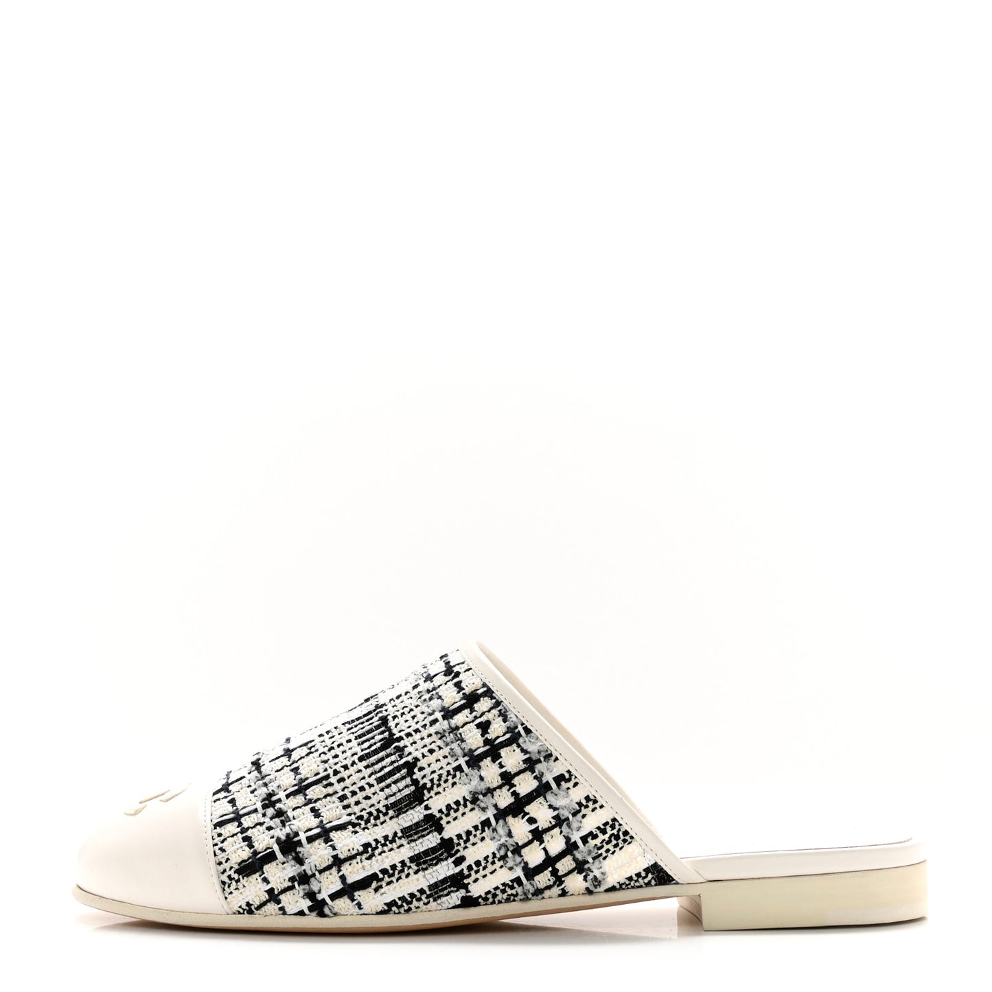 Tweed Lambskin CC Flat Mules 37 White Black