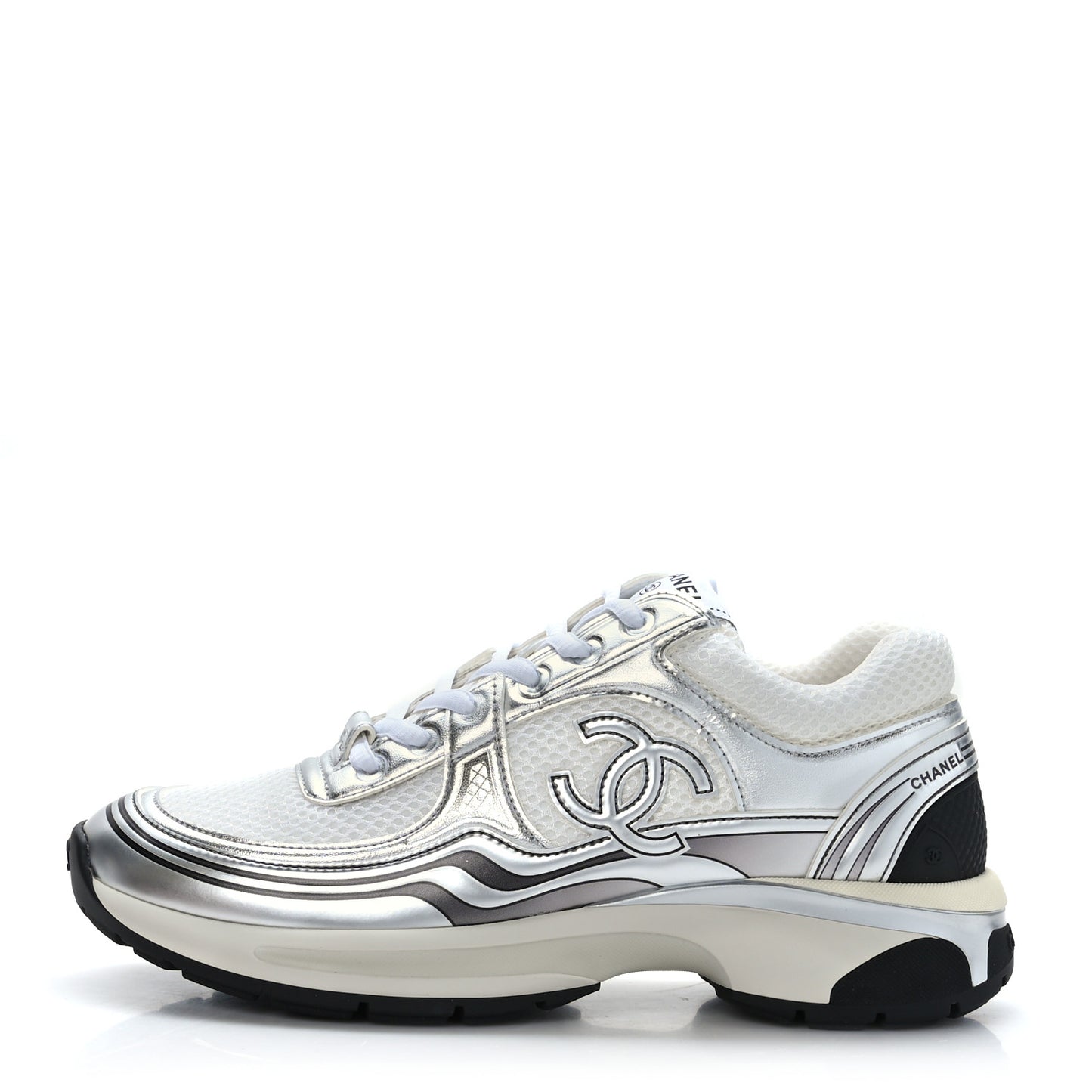 Fabric Laminated Calfskin Stretch CC Womens Sneakers 37.5 White Silver
