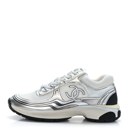 Chanel Fabric Laminated Calfskin Stretch CC Womens Sneakers 37.5 White Silver 1 of 9