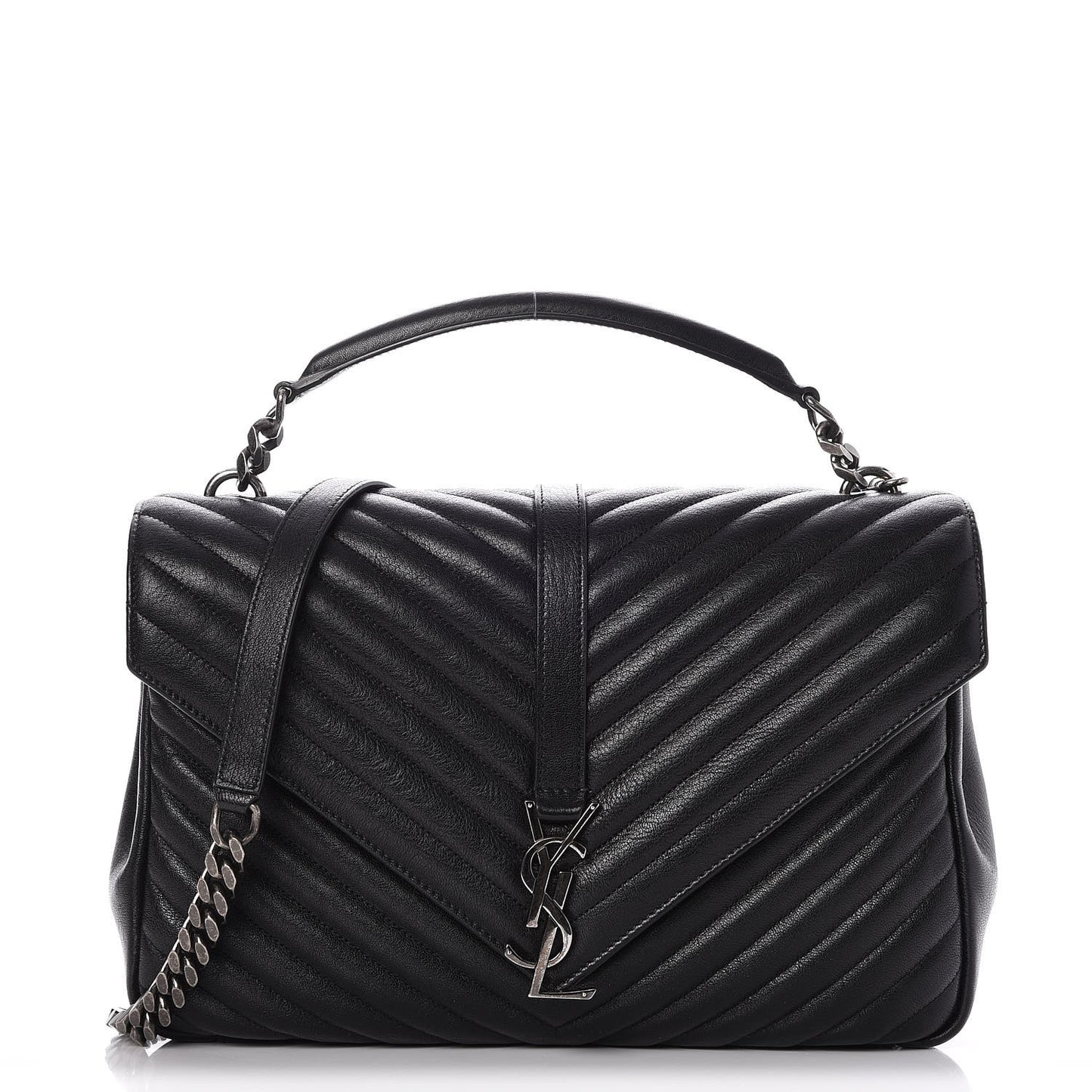Sheepskin Matelasse Chevron Monogram Large College Satchel Black