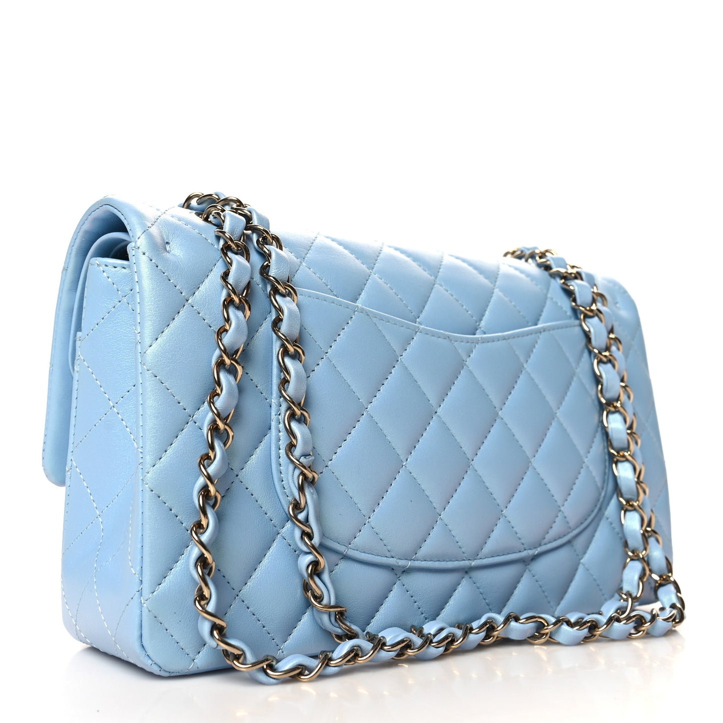 Iridescent Lambskin Quilted Medium Double Flap Light Blue