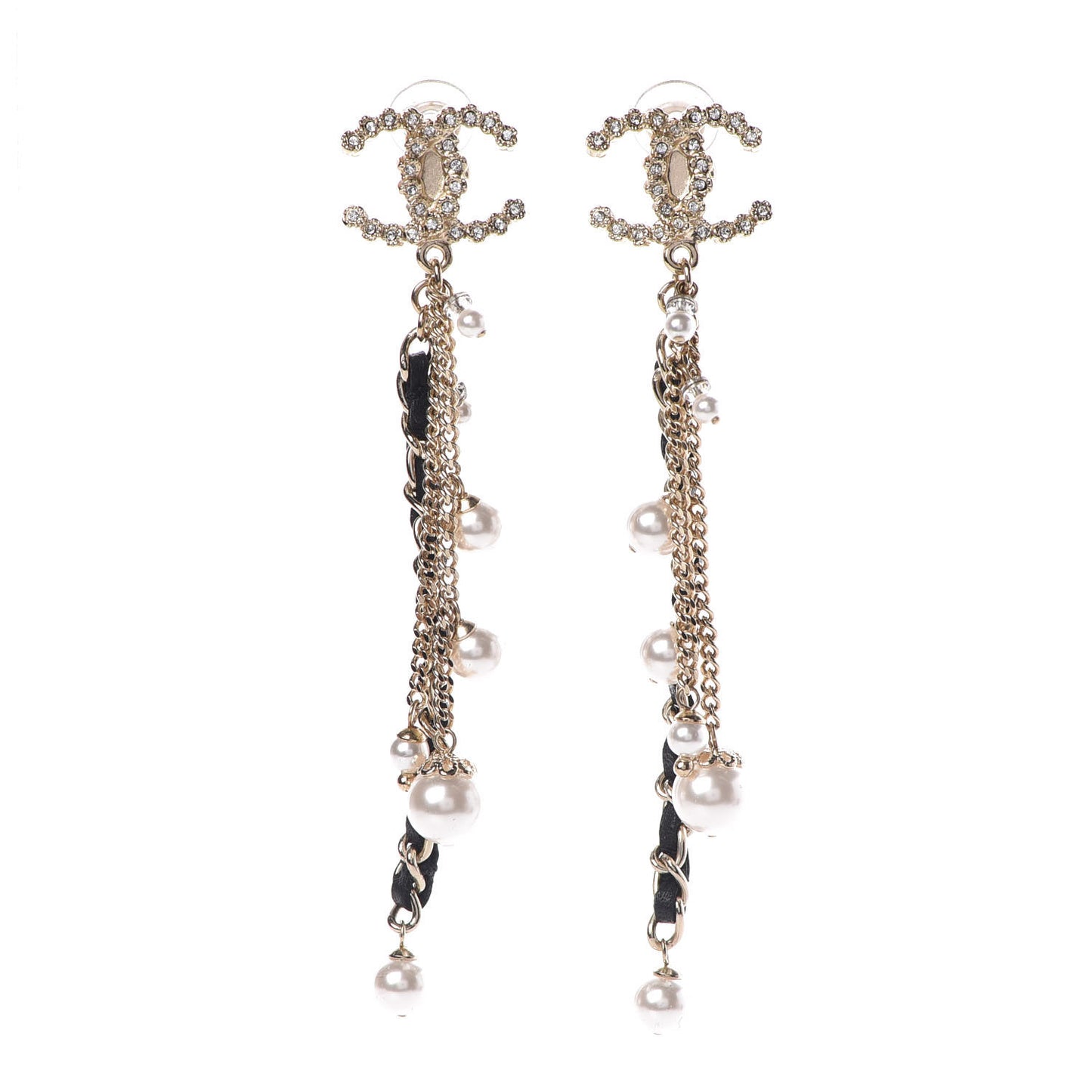 Pearl Crystal Lambskin Chain CC Dangle Clip On Earrings Gold
