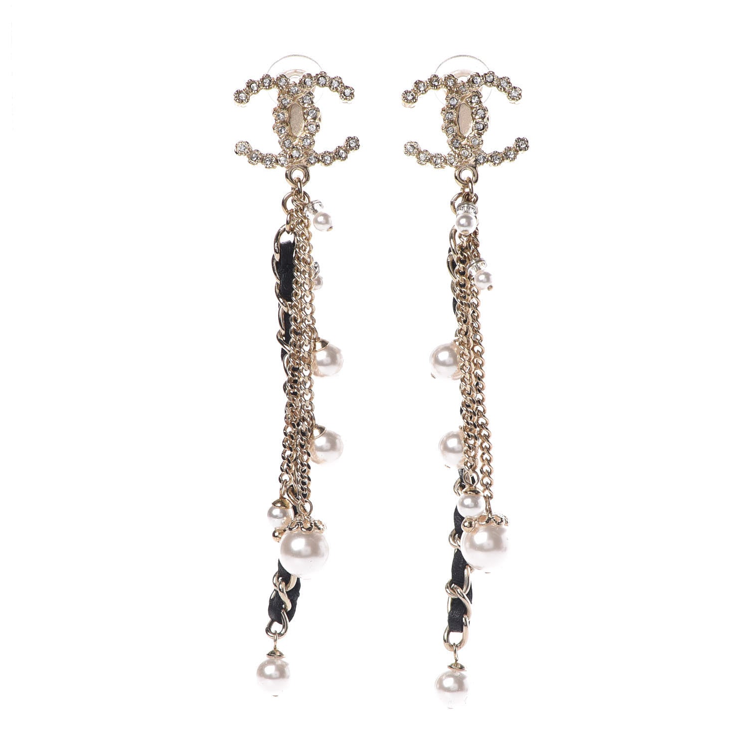 Chanel Pearl Crystal Lambskin Chain CC Dangle Clip On Earrings Gold 1 of 5