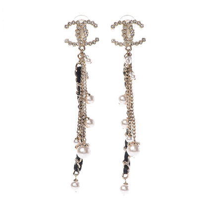 Chanel Pearl Crystal Lambskin Chain CC Dangle Clip On Earrings Gold 1 of 5