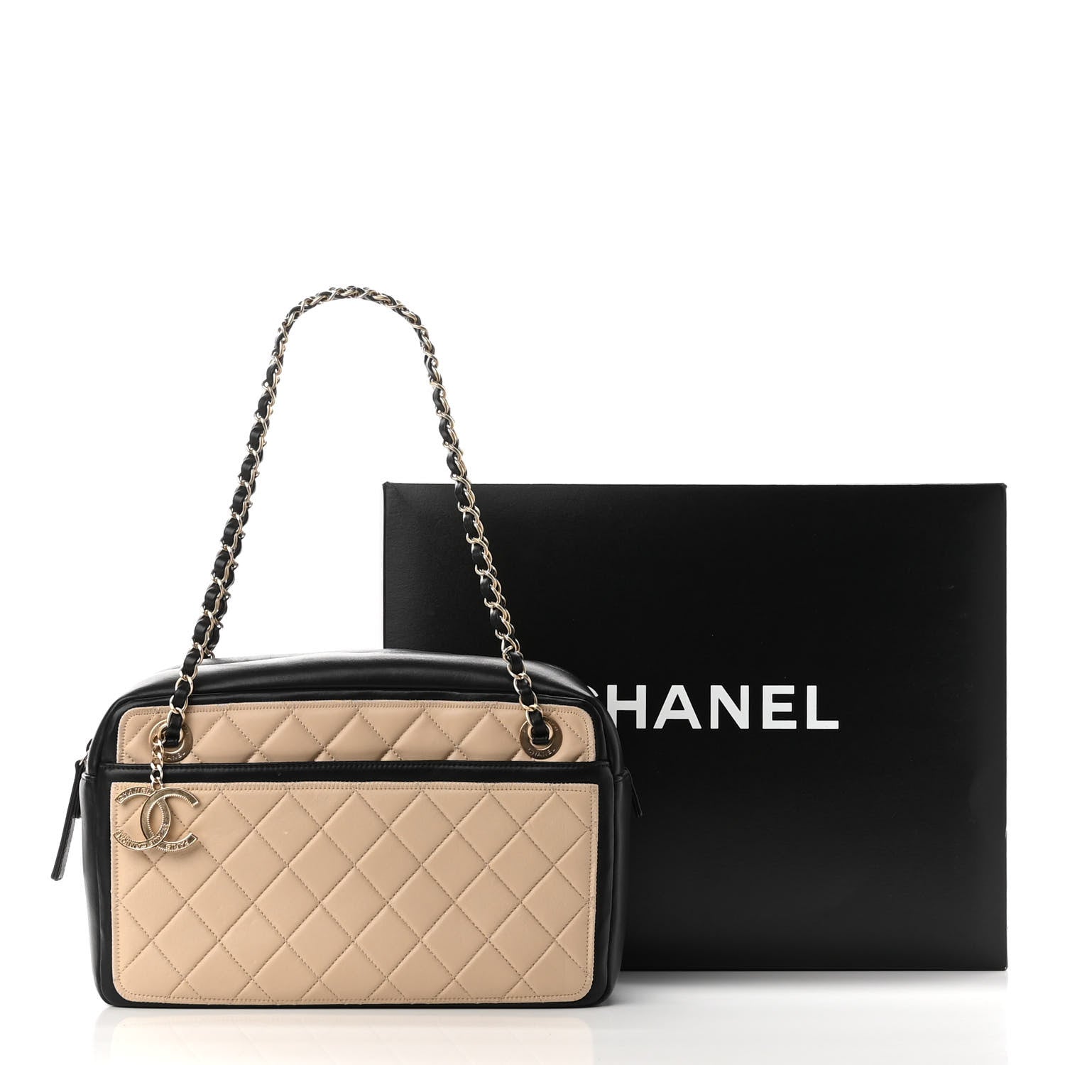 Chanel Lambskin Quilted Graphic Camera Case Beige Black 10 of 10