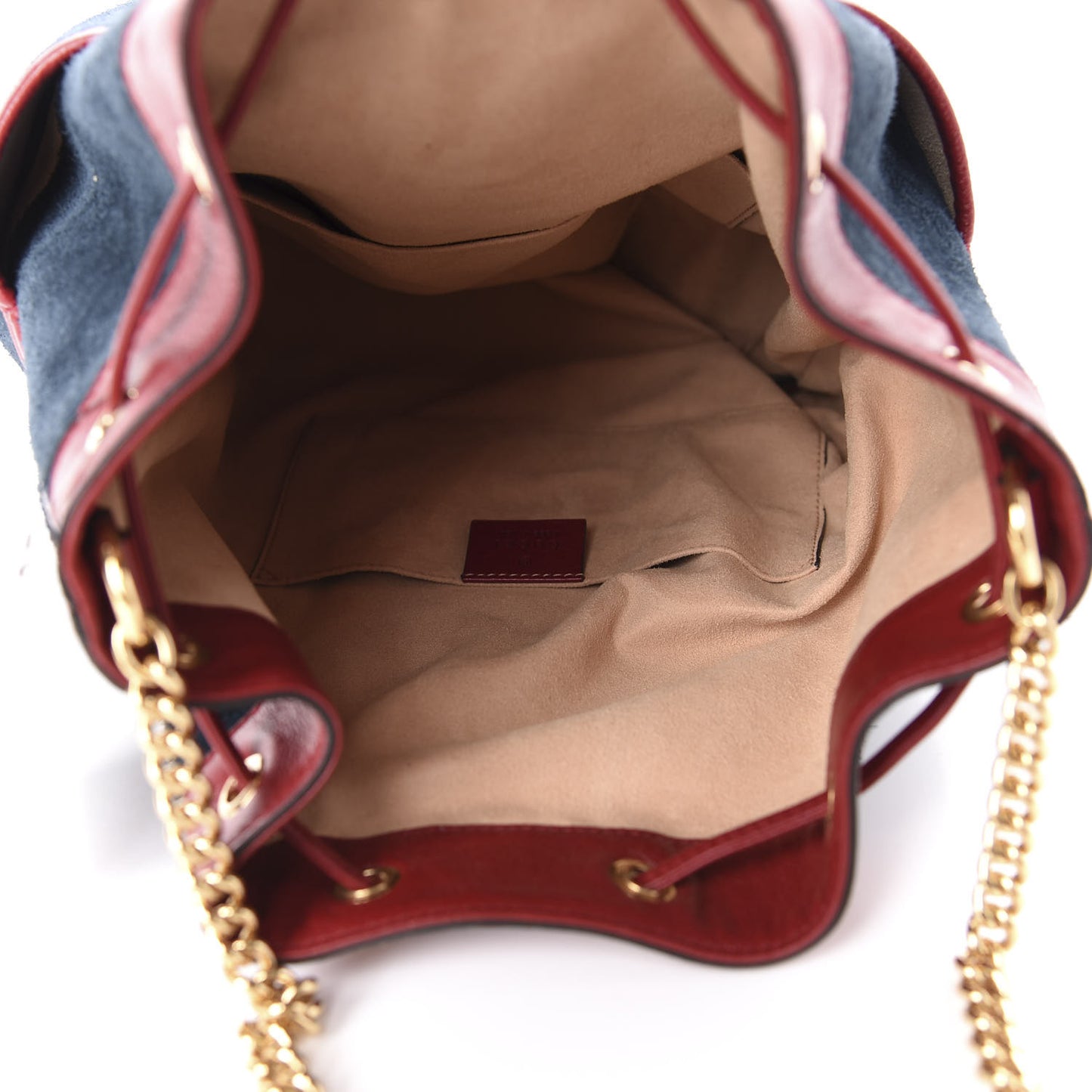 Suede Calfskin Web Medium Rajah Bucket Bag New Blue Romantic Cherry