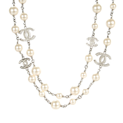 Chanel Crystal Pearl CC Long Necklace Silver 1 of 4