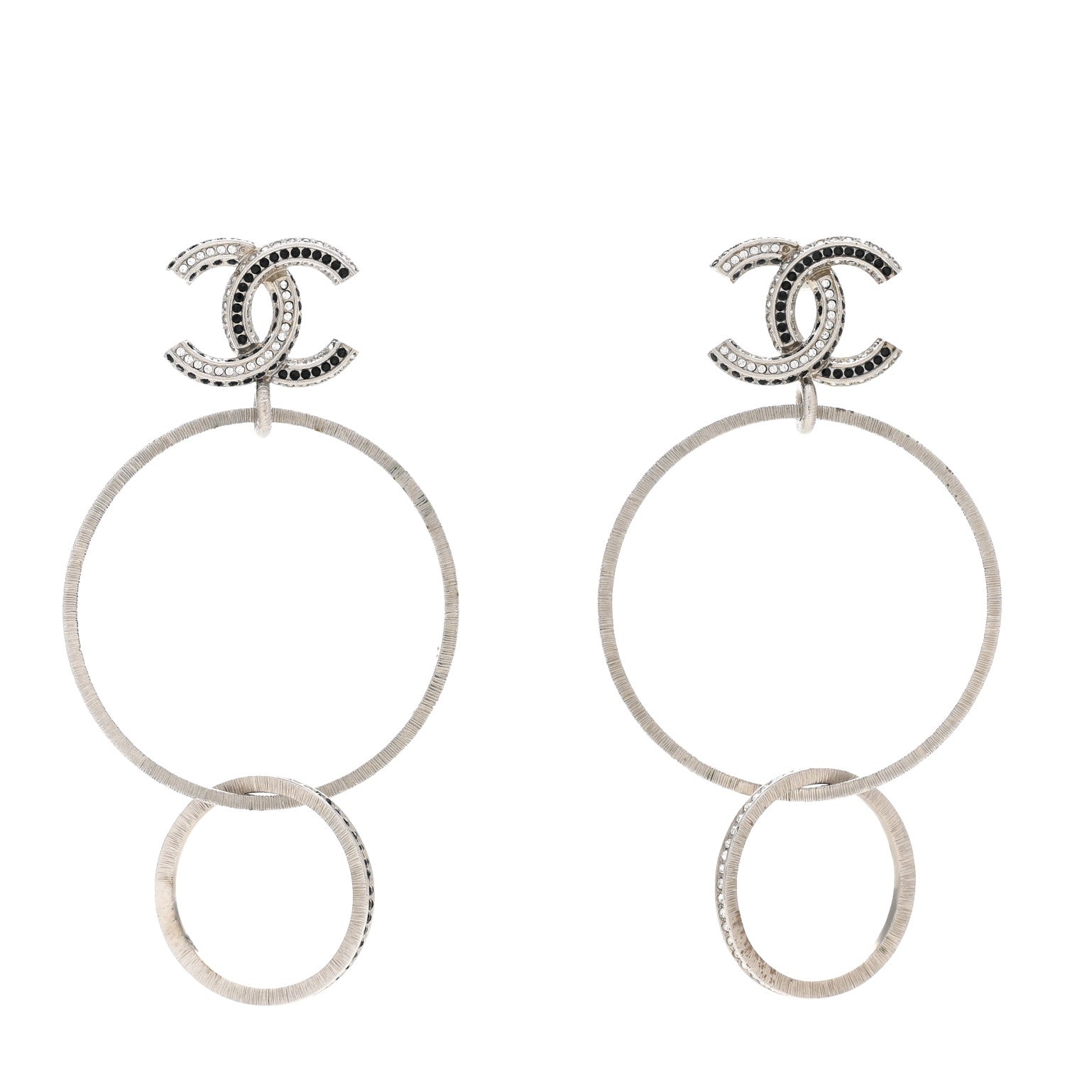 Chanel Crystal CC Hoop Earrings Silver Black 1 of 5