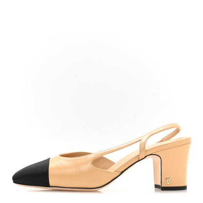 Chanel Goatskin Grosgrain Cap Toe CC Slingback Pumps 39 Beige Black 1 of 9