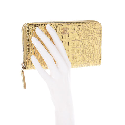 Chanel Metallic Calfskin Crocodile Embossed Small Zip Wallet Gold 2 of 9