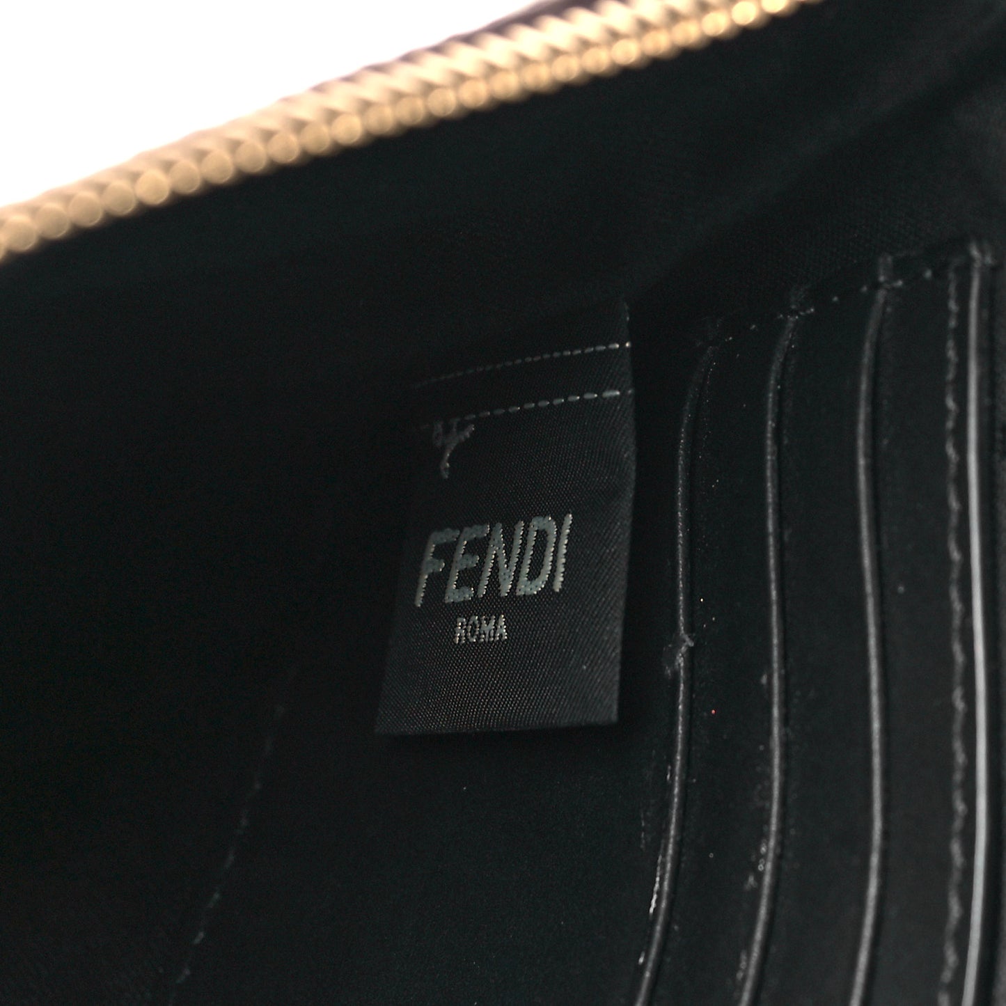 Glazed Fabric Vitello Century FF 1974 Stamp Patch Medium FFreedom Flat Pouch Mogano Panna Black