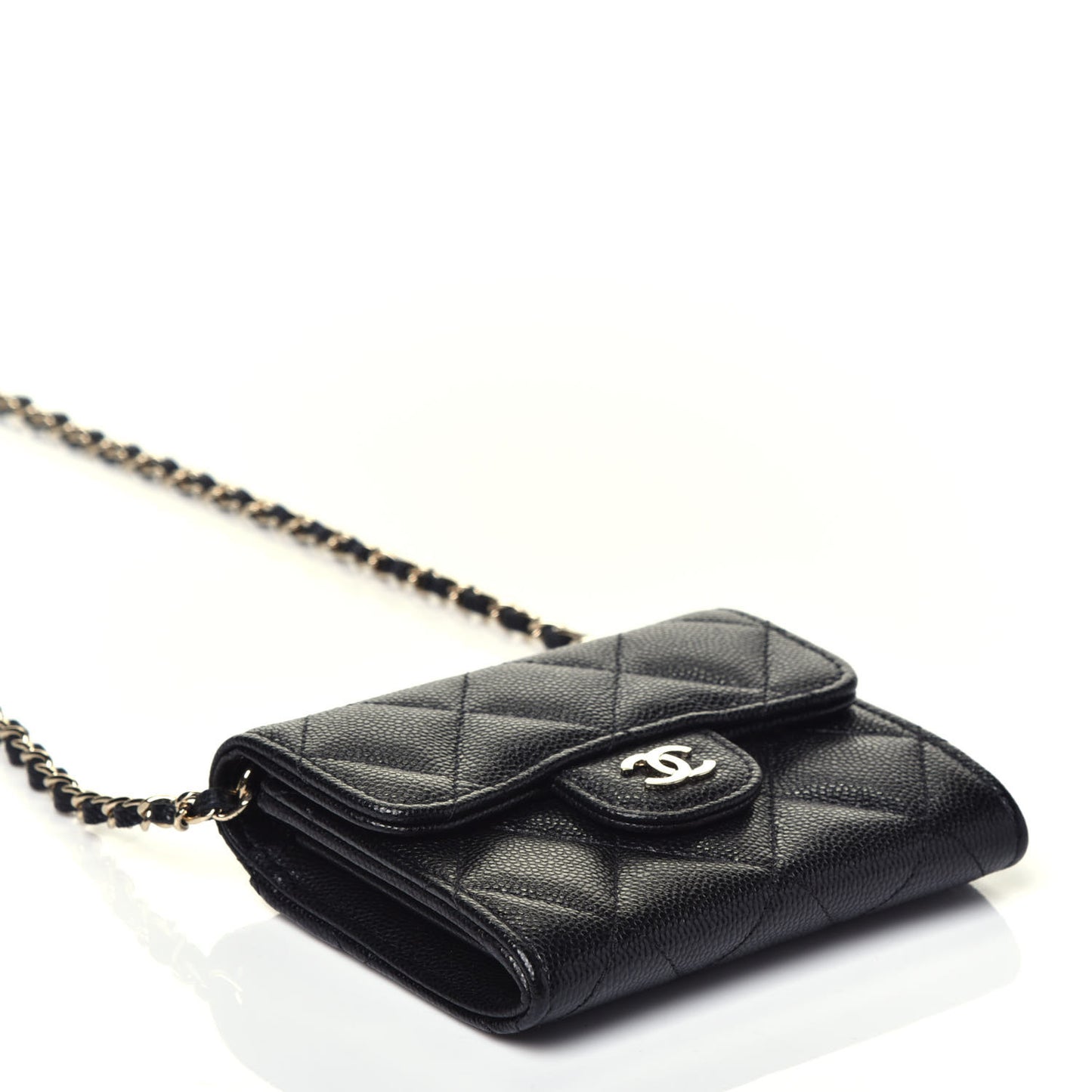 Caviar Quilted Flap Card Holder On Chain Black