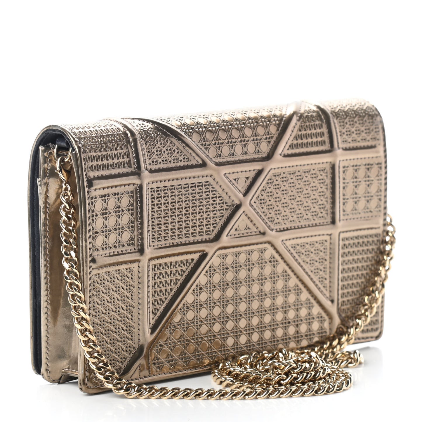Metallic Patent Micro-Cannage Diorama Wallet on Chain Pouch Gold
