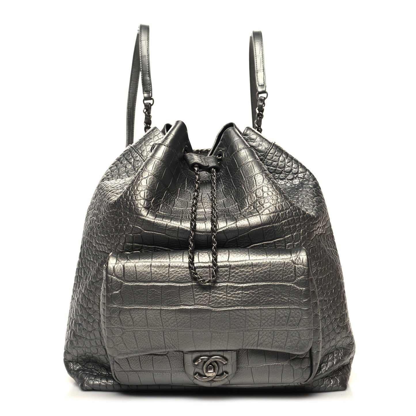 Metallic Calfskin Crocodile Embossed Large Backpack Silver