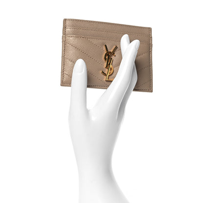 Saint Laurent Grain De Poudre Matelasse Chevron Monogram Credit Card Case Dark Beige 2 of 8