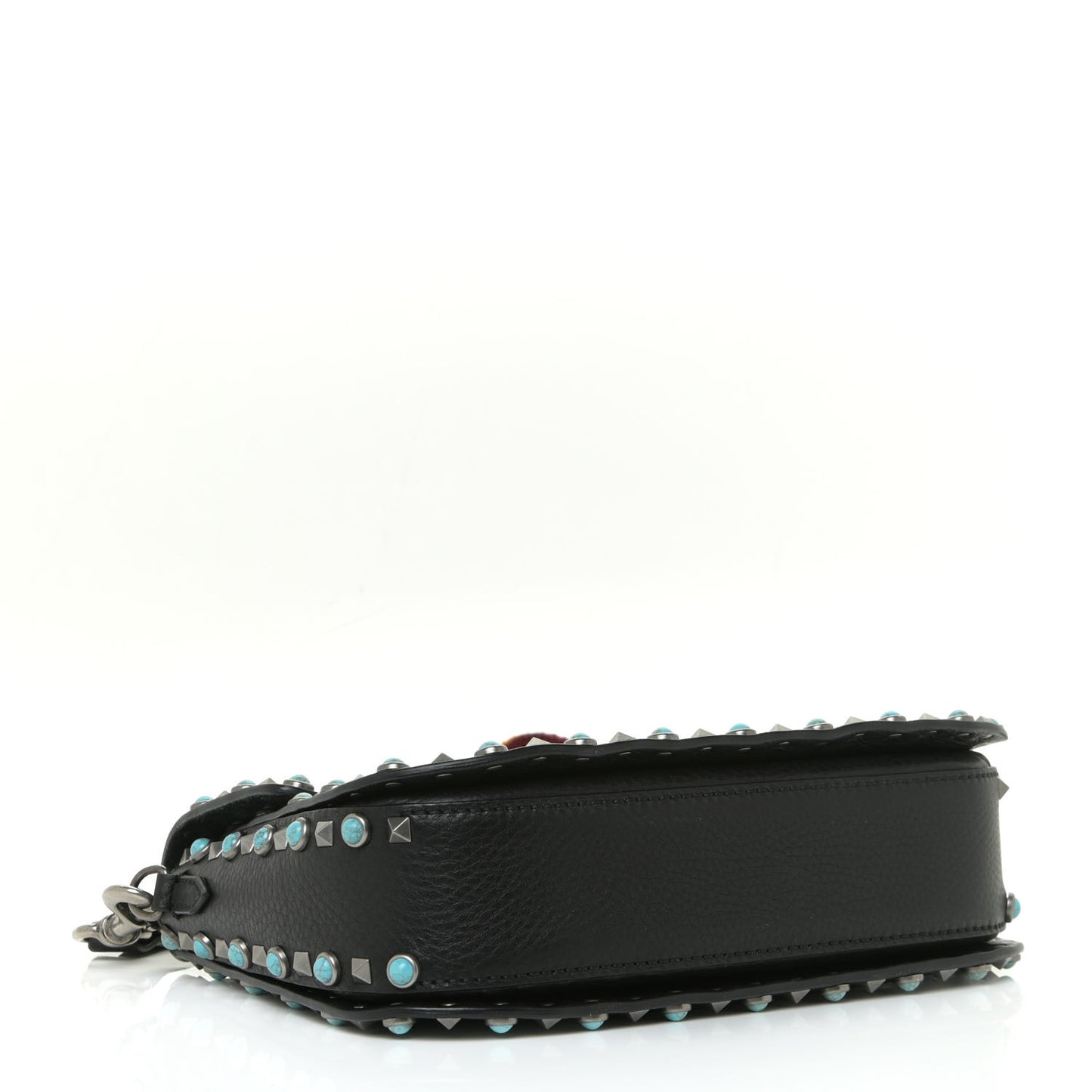 Pebbled Calfskin Turquoise Medium Guitar Strap Rockstud Rolling Flap Saddle Bag Black
