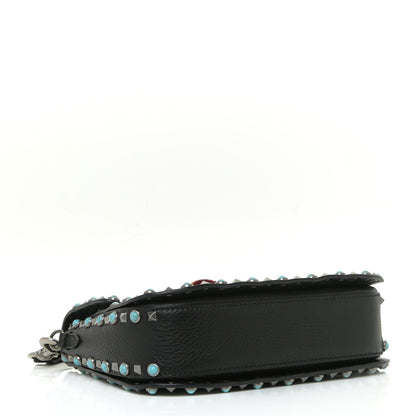 Valentino Garavani Pebbled Calfskin Turquoise Medium Guitar Strap Rockstud Rolling Flap Saddle Bag Black 4 of 11