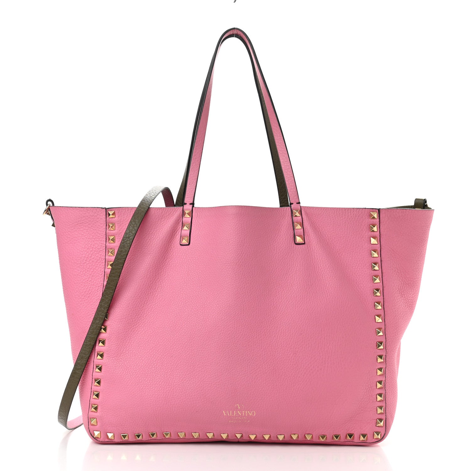 Valentino Garavani Grained Calfskin Medium Rockstud Reversible Tote Army Green Pink 3 of 16