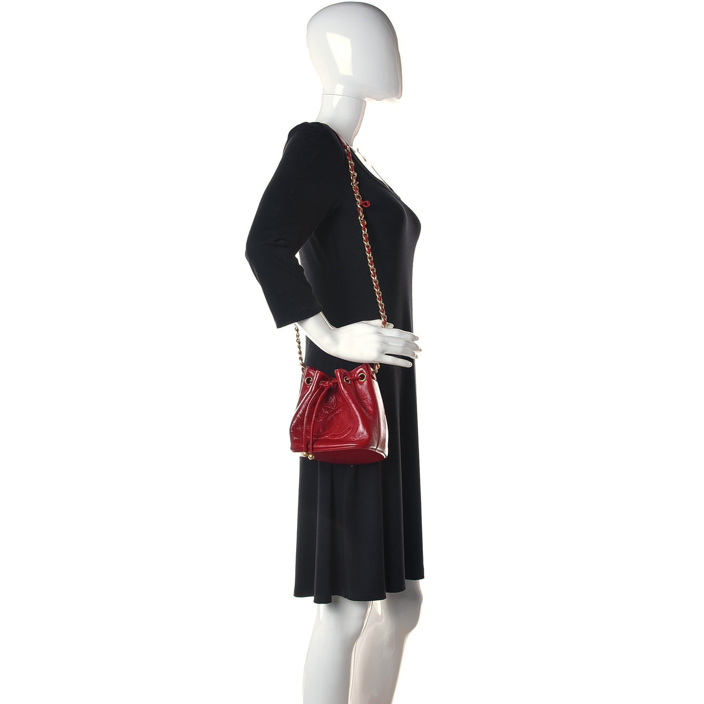 Shiny Aged Calfskin CC Chain Mini Drawstring Bag Red