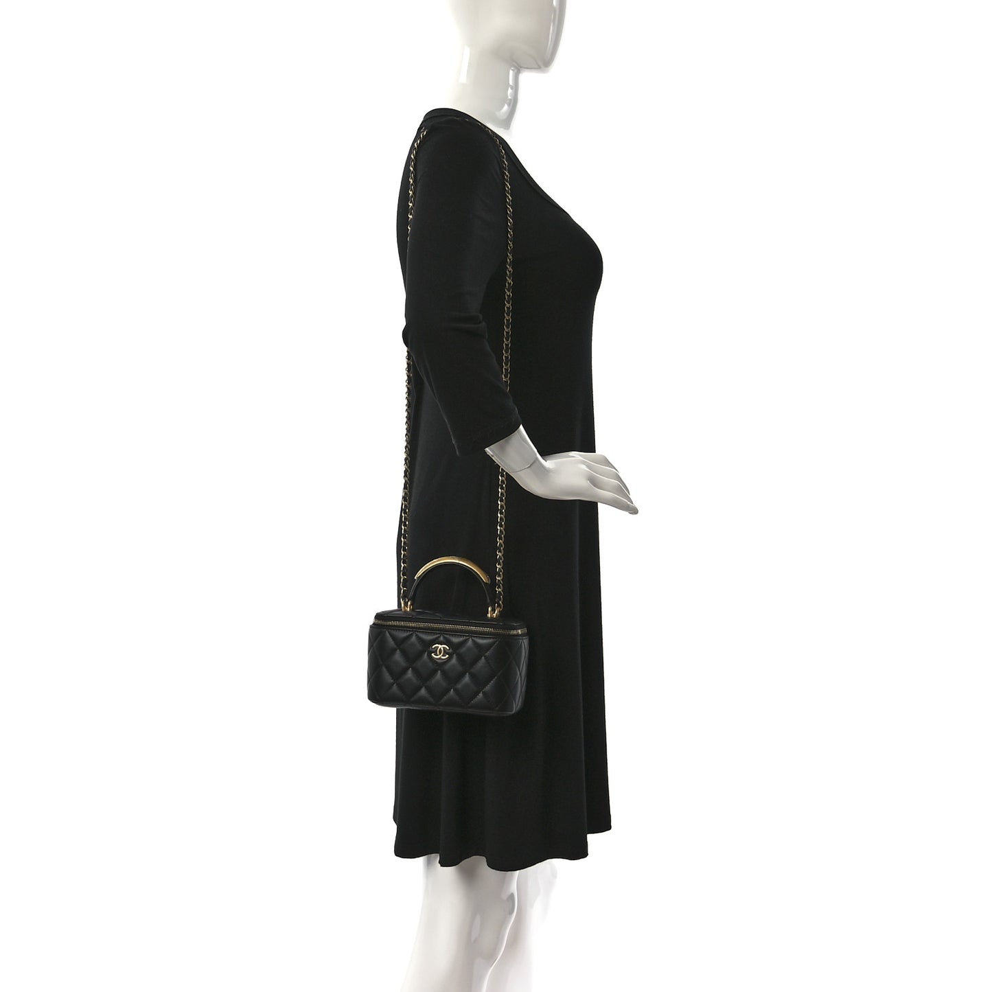 Lambskin Quilted Metal Small Top Handle Vanity Case With Chain Black
