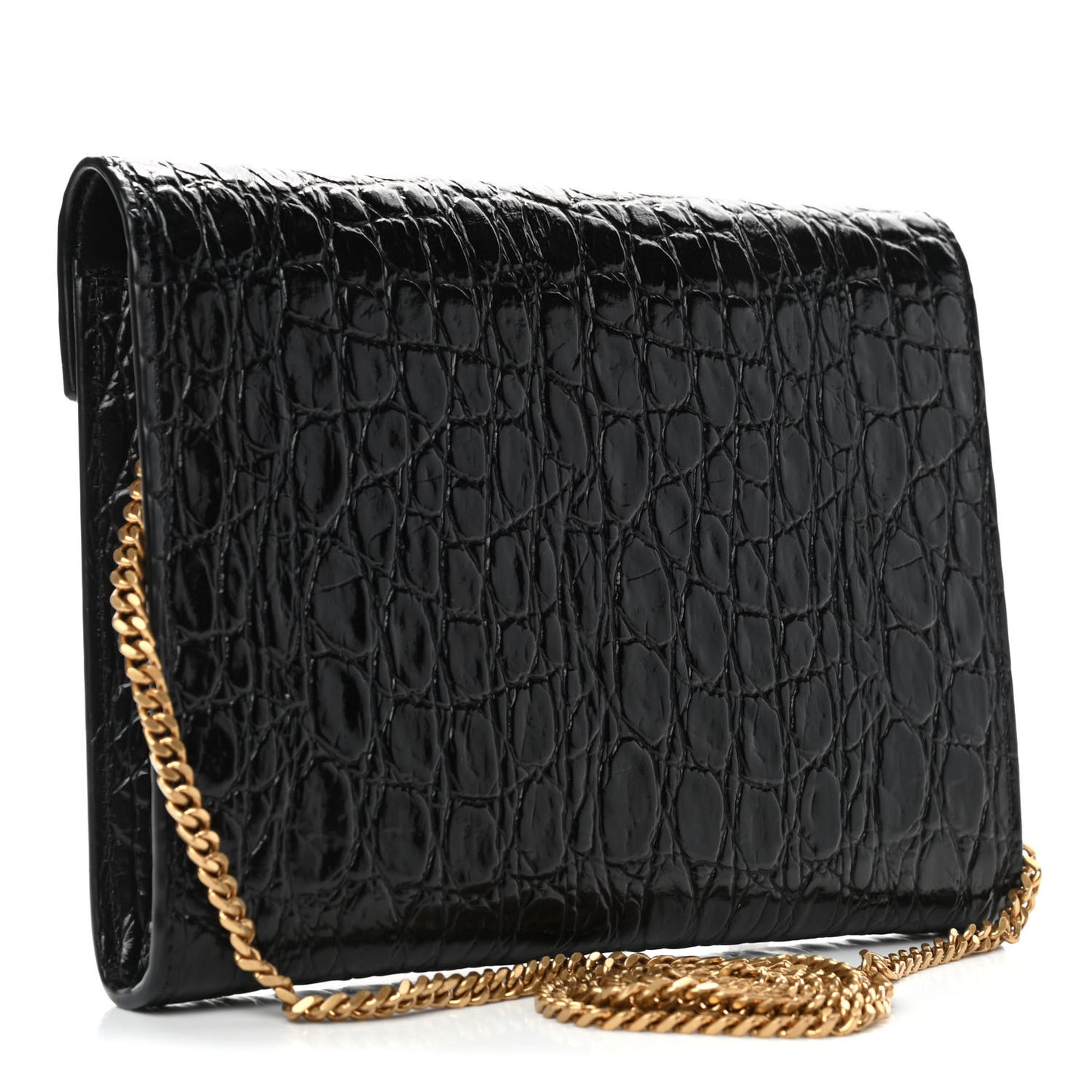 Calfskin Crocodile Embossed Monogram Cassandra Chain Wallet Black