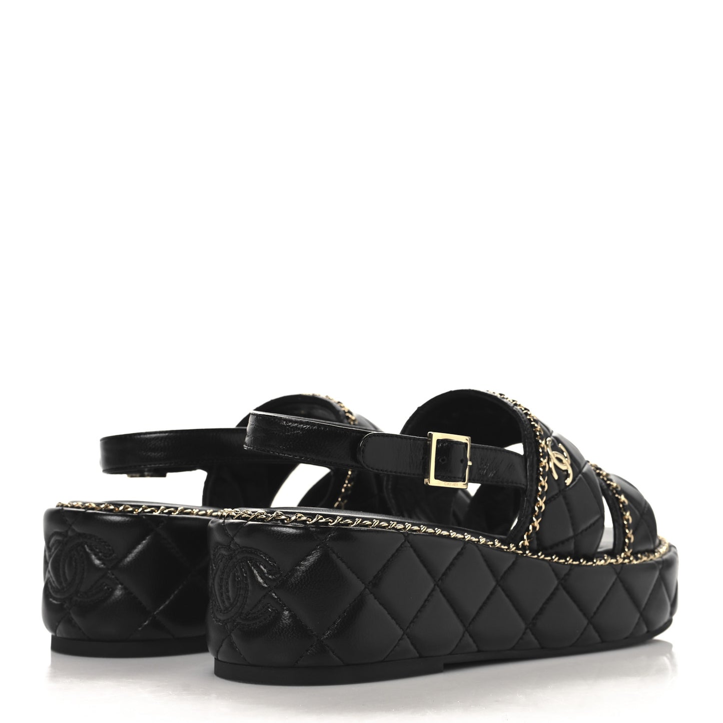 Shiny Lambskin Quilted Chain Around CC Platform Sandals 39 Black