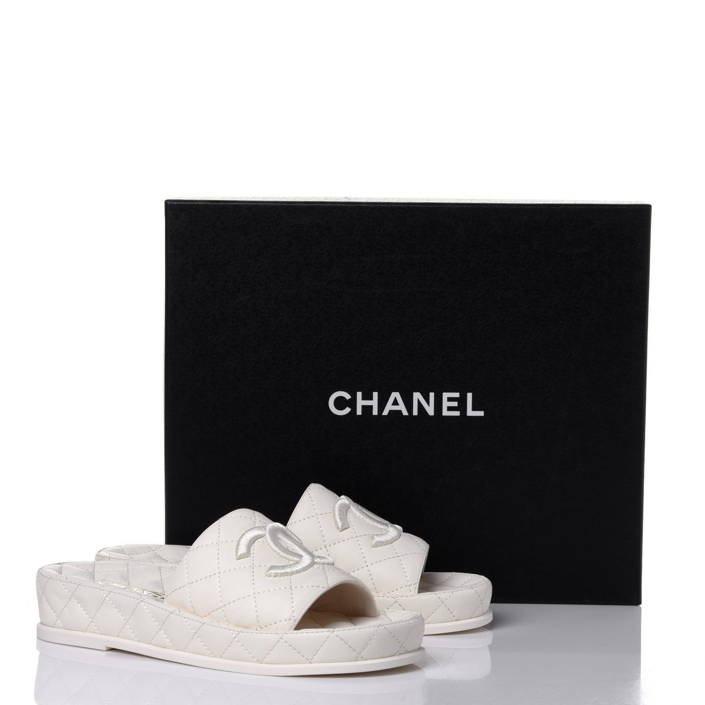 Lambskin Quilted CC Mules Sandals 36 Ivory