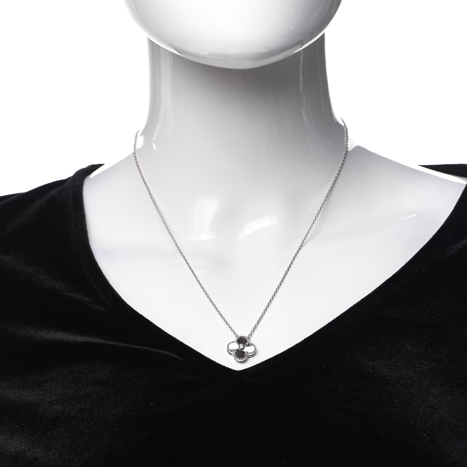 Van Cleef & Arpels 18K White Gold Diamond Guilloche Vintage Alhambra Pendant Necklace 2 of 8