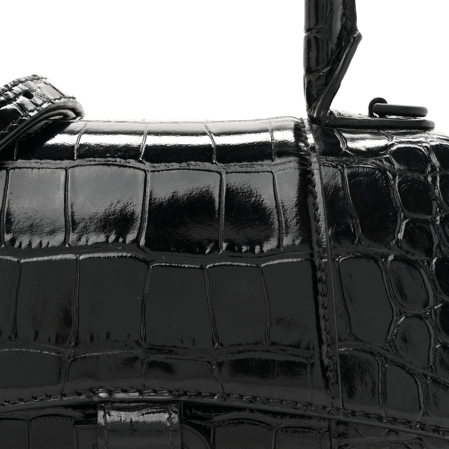 Shiny Calfskin Monochrome Crocodile Embossed Hourglass Top Handle Bag XS Black