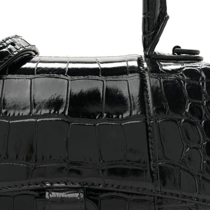 Balenciaga Shiny Calfskin Monochrome Crocodile Embossed Hourglass Top Handle Bag XS Black 8 of 11