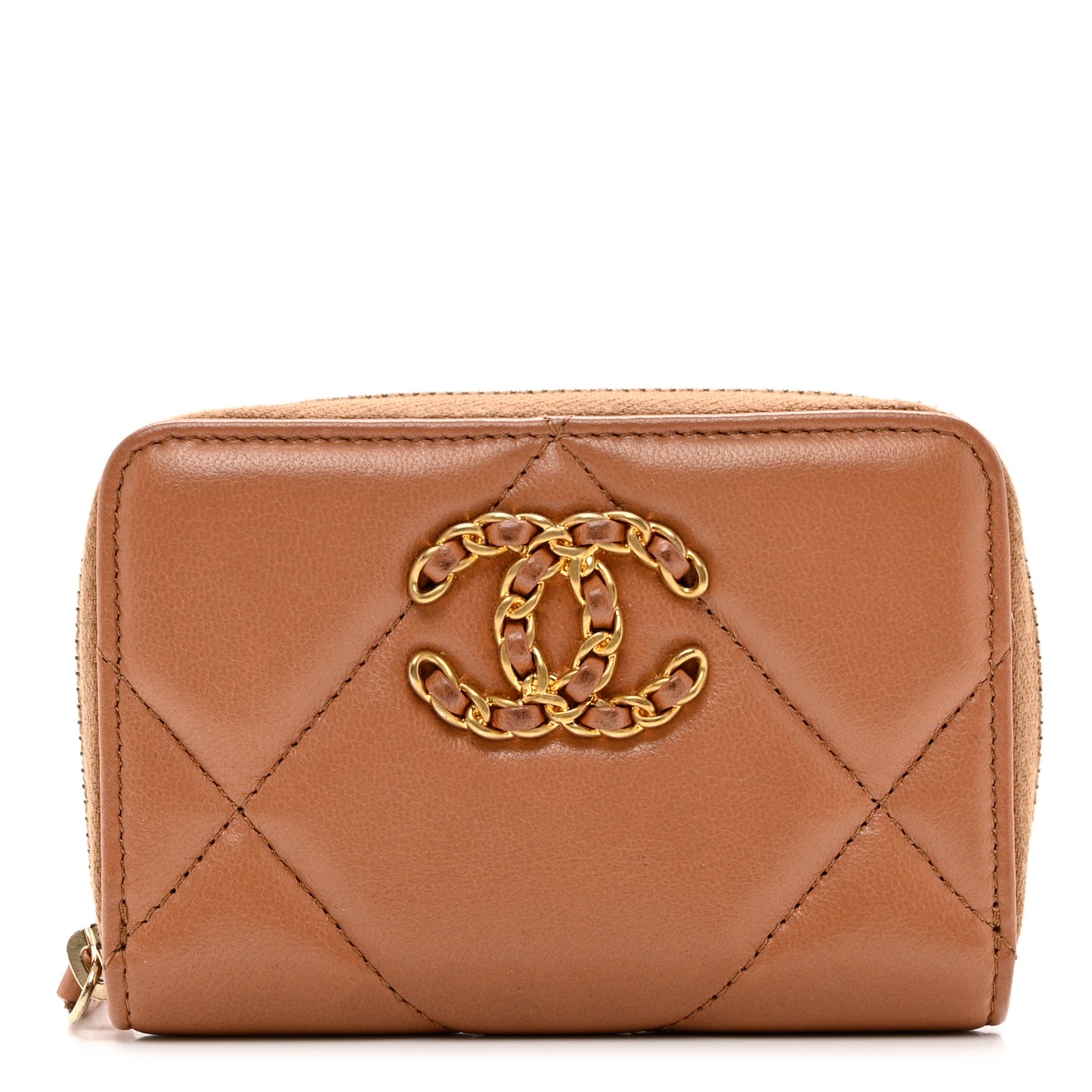 Lambskin Quilted Chanel 19 Zip Around Coin Purse Wallet Brown