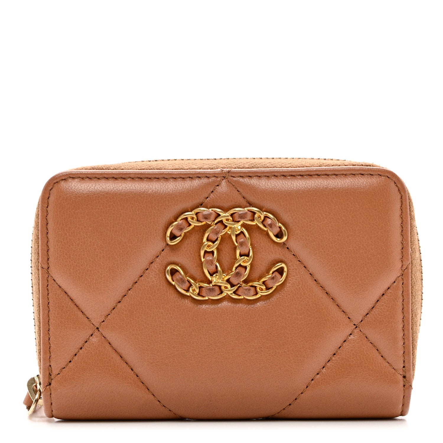 Chanel Lambskin Quilted Chanel 19 Zip Around Coin Purse Wallet Brown 1 of 8