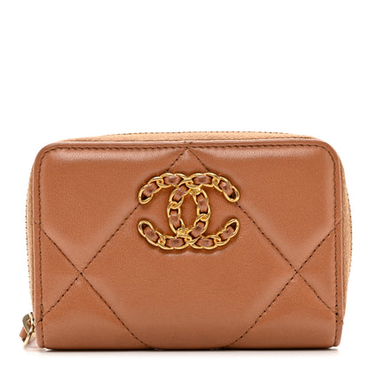 Chanel Lambskin Quilted Chanel 19 Zip Around Coin Purse Wallet Brown 1 of 8