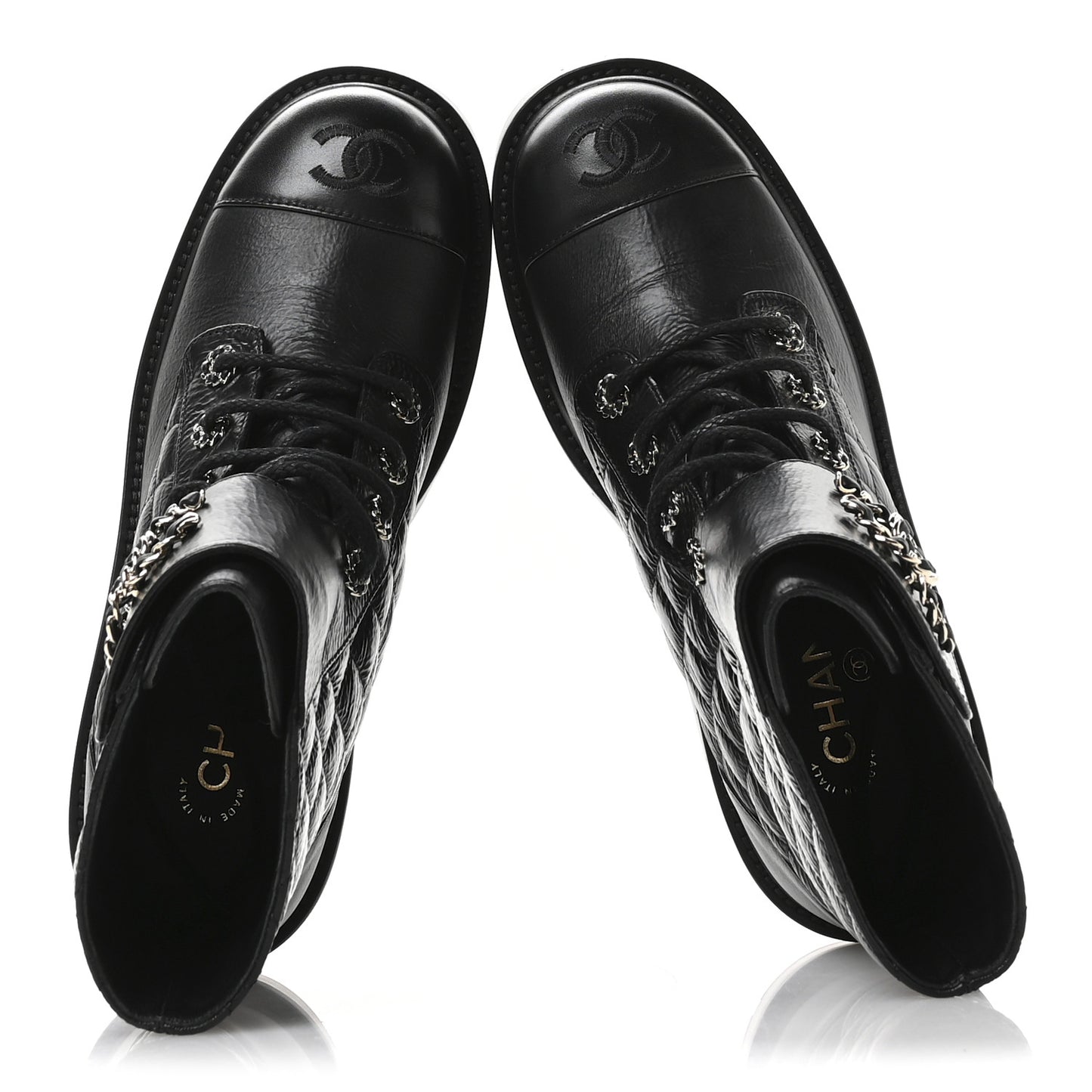 Shiny Goatskin Calfskin Quilted Lace Up Combat Boots 39 Black