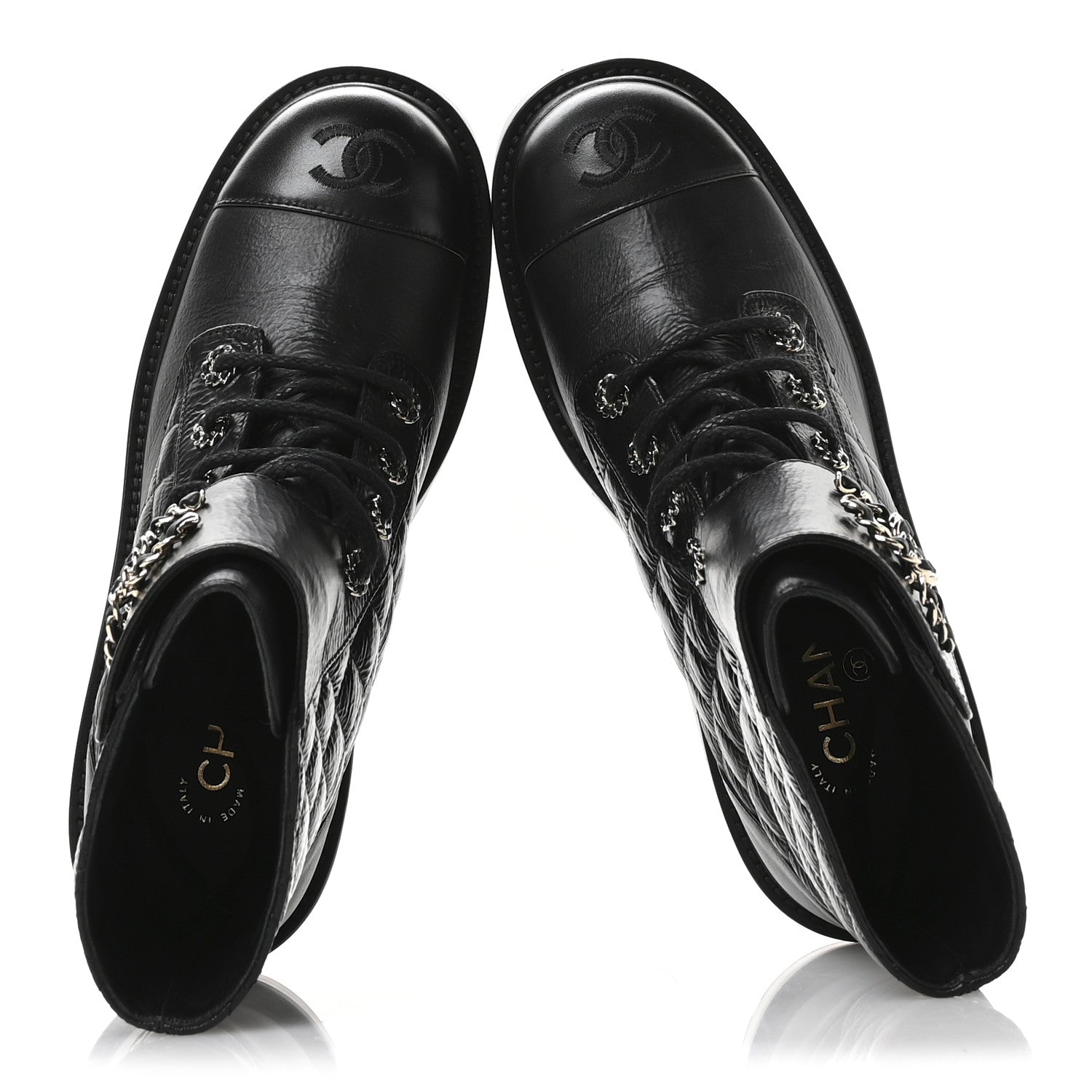 Chanel Shiny Goatskin Calfskin Quilted Lace Up Combat Boots 39 Black 2 of 9