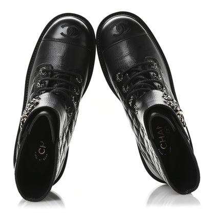 Chanel Shiny Goatskin Calfskin Quilted Lace Up Combat Boots 39 Black 2 of 9