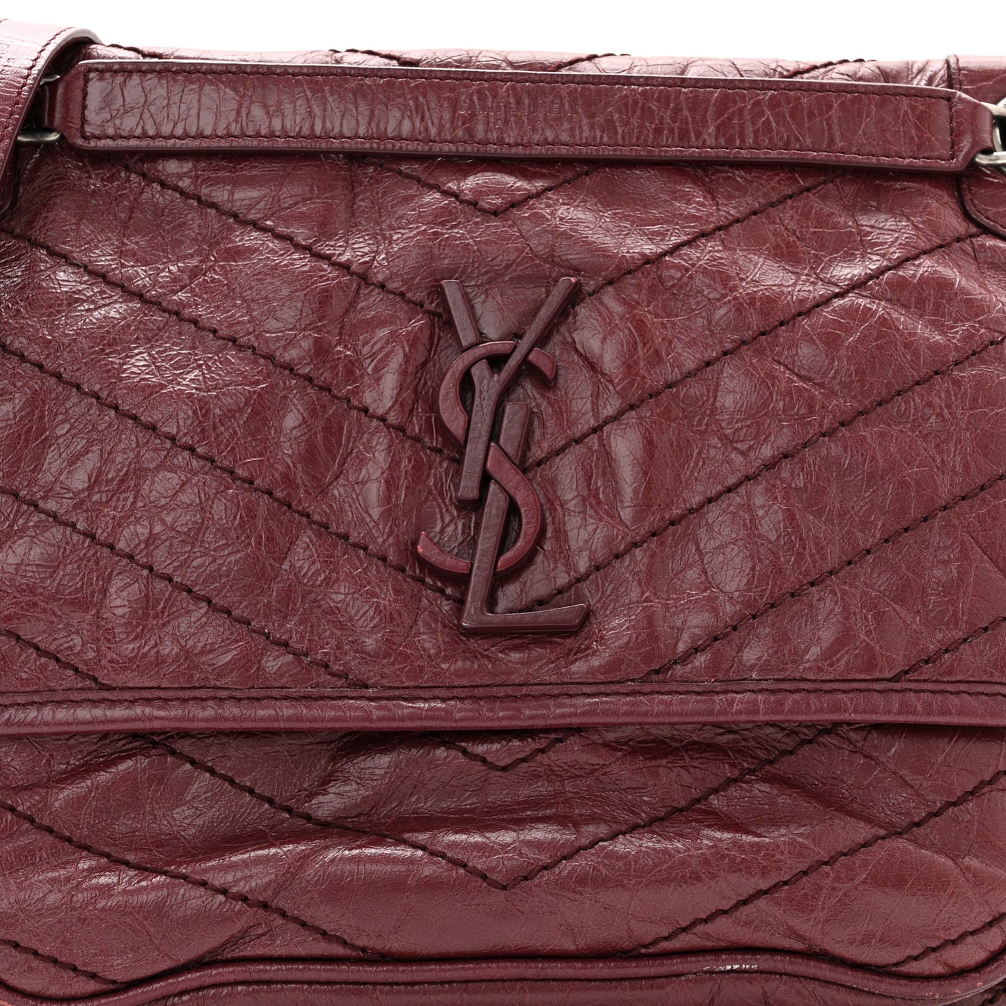 Crinkled Calfskin Matelasse Monogram Medium Niki Chain Satchel Burgundy