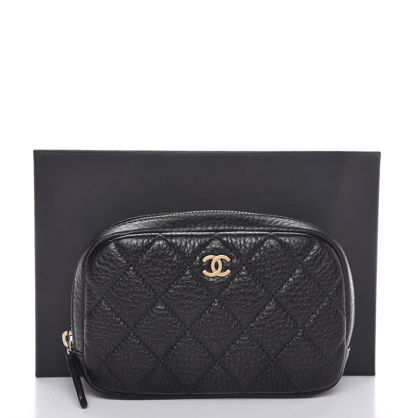 Grained Calfskin Quilted Small Curvy Pouch Cosmetic Case Black
