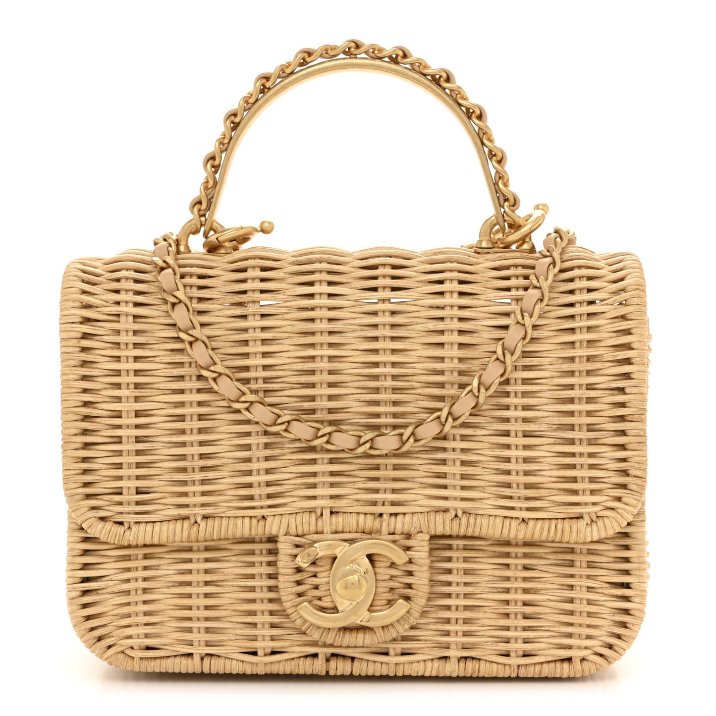 Braided Rattan Mini CC Top Handle Flap Beige