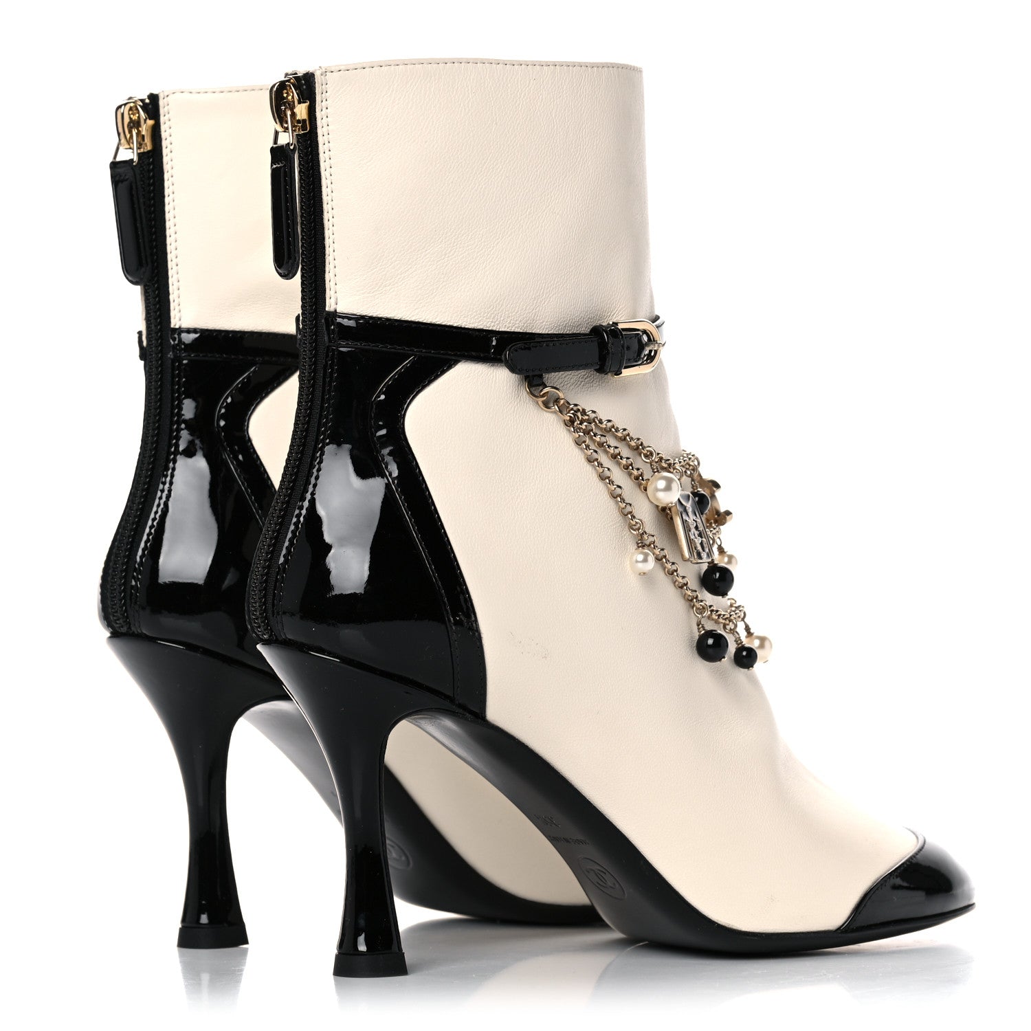 Chanel Lambskin Patent Calfskin Charms Ankle Boots 35.5 Ivory Black 4 of 14