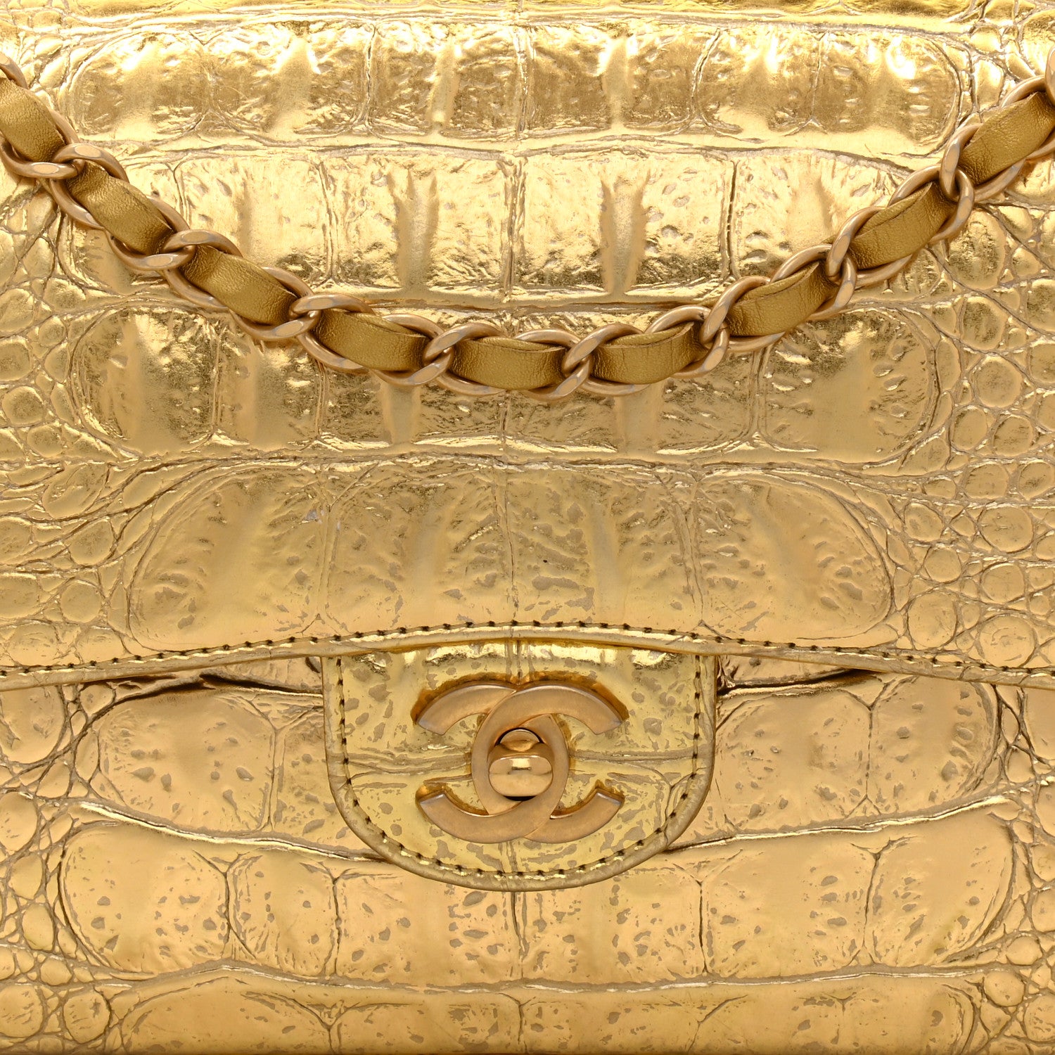 Chanel Metallic Calfskin Crocodile Embossed Cocodile Medium Double Flap Gold 8 of 11