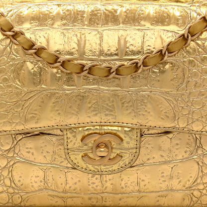 Chanel Metallic Calfskin Crocodile Embossed Cocodile Medium Double Flap Gold 8 of 11
