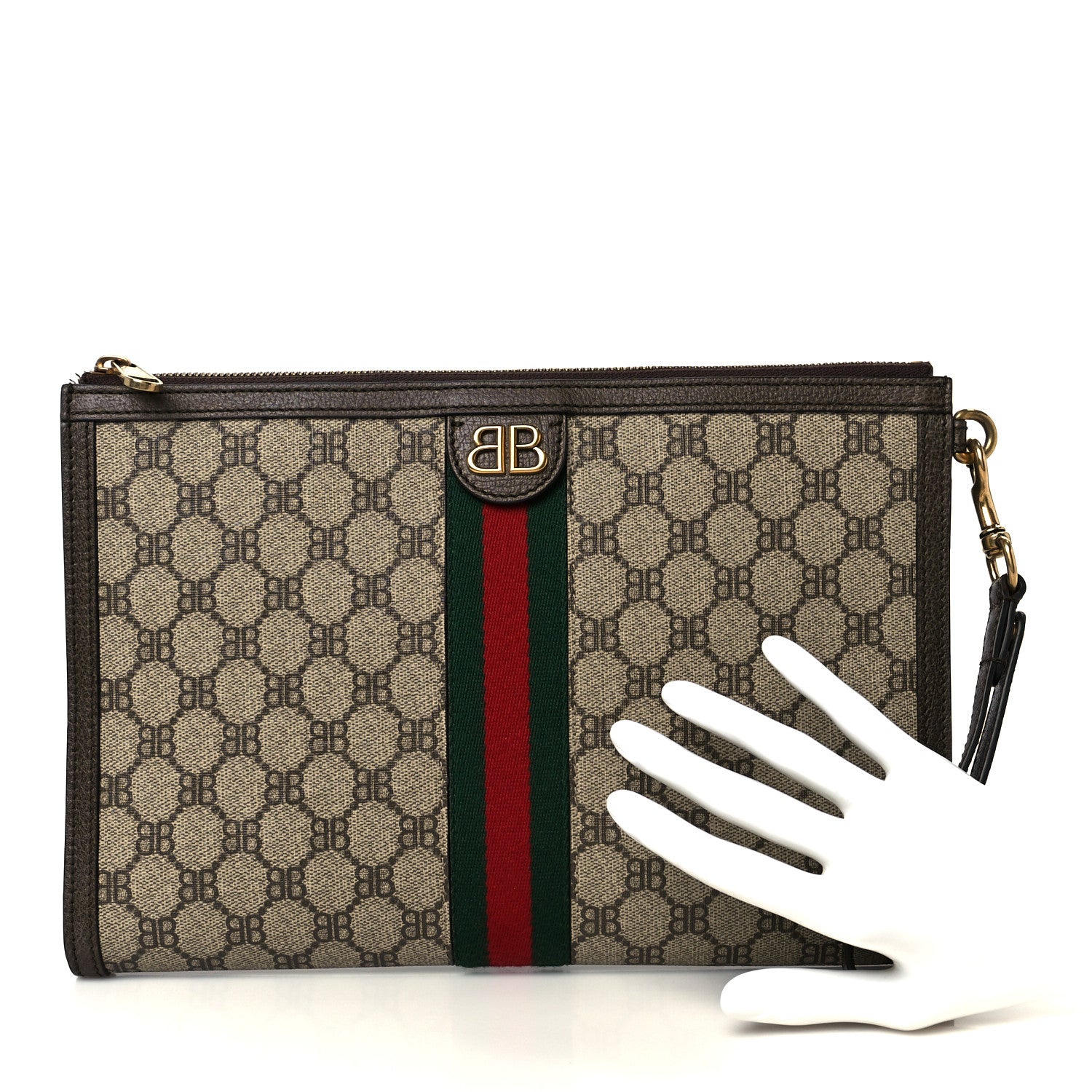 Gucci X BALENCIAGA BB Supreme Monogram Web Ophidia Wristlet Beige New Acero 2 of 8