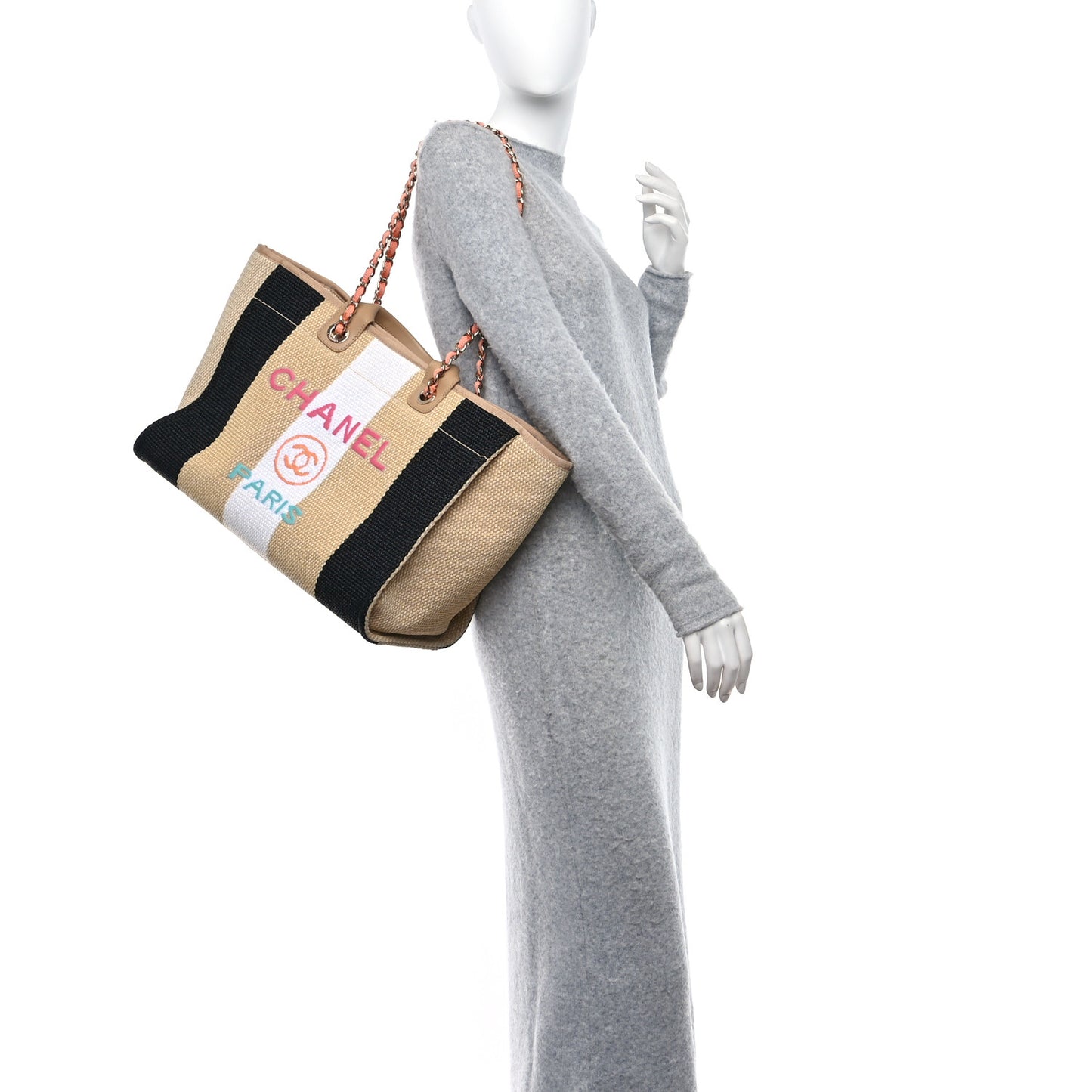 Straw Raffia Calfskin Striped Medium Deauville Tote Black Beige Ivory