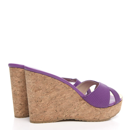 Jimmy Choo Matt Triangle Print Calfskin Embossed Cork Pandora Wedges 38 Purple 4 of 9