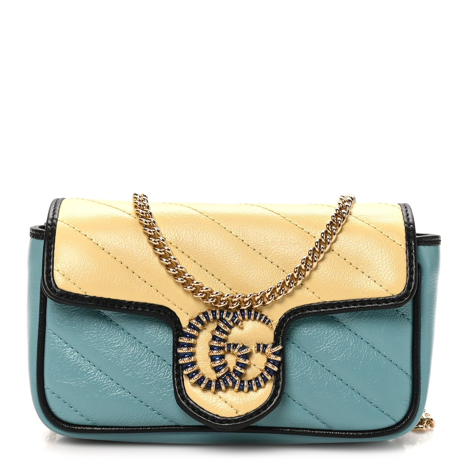 Gucci Azalea Calfskin Enamel Matelasse Diagonal Super Mini Torchon GG Marmont Shoulder Bag Butter Dusty Azure Black Electric Blue 1 of 11