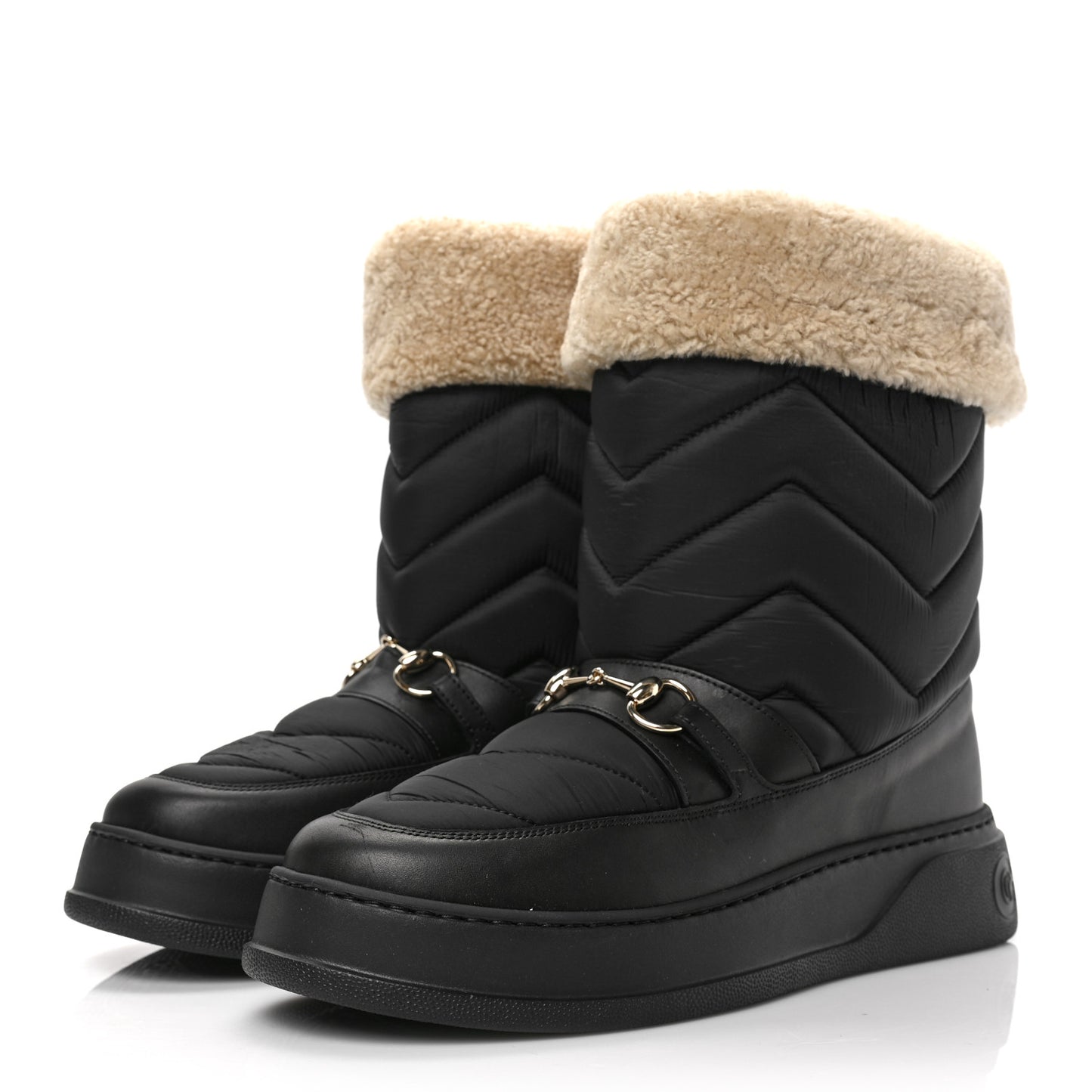 Nylon Quebec Calfskin Wool Chevron Quilted Mens Horsebit Snow Boots 9 Black Butterscotch