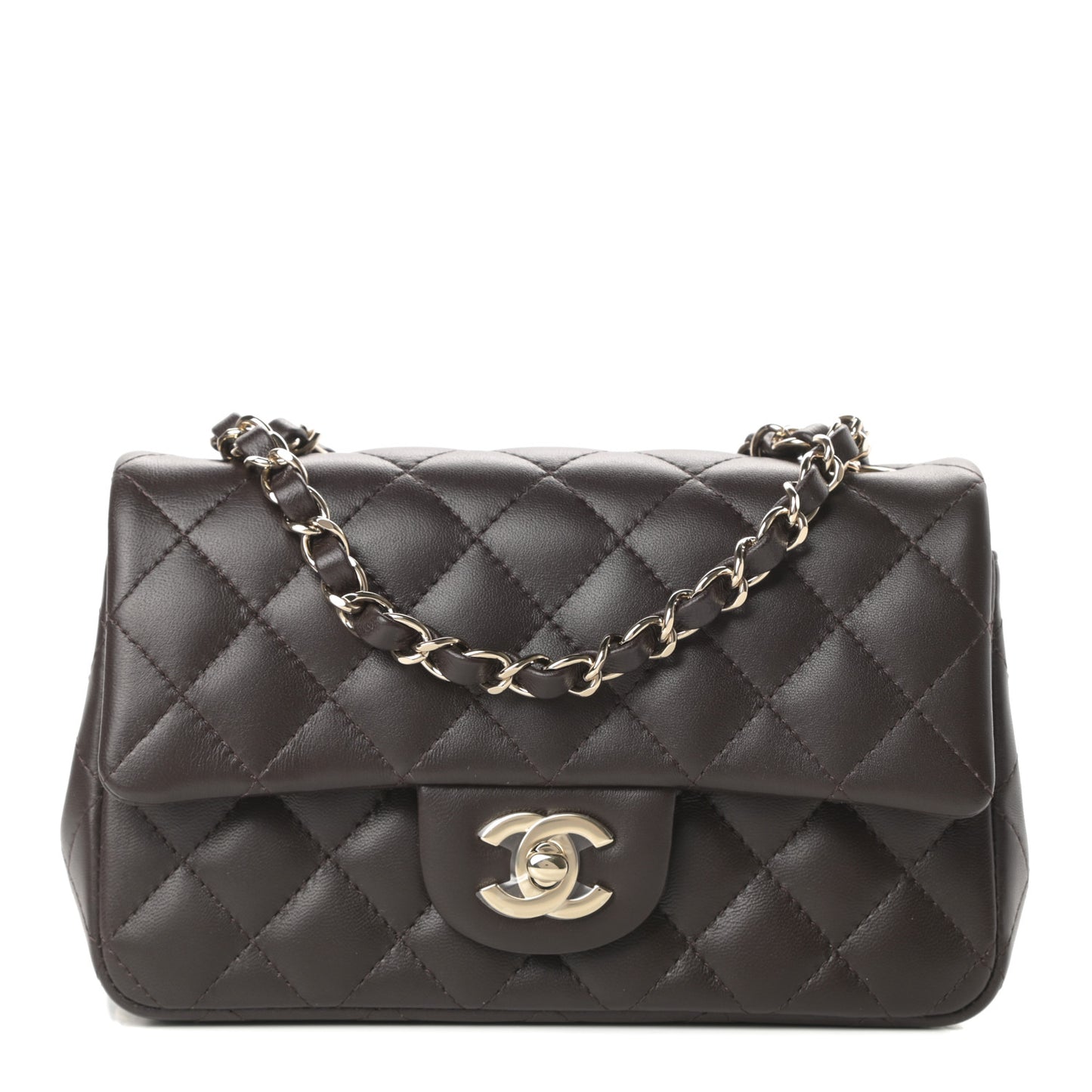 Lambskin Quilted Mini Rectangular Flap Dark Brown