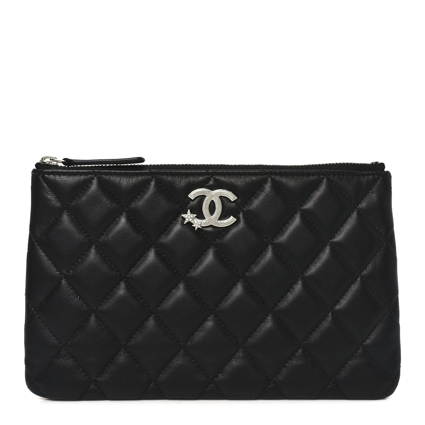 Lambskin Quilted Crystal Star Cosmetic Case Black